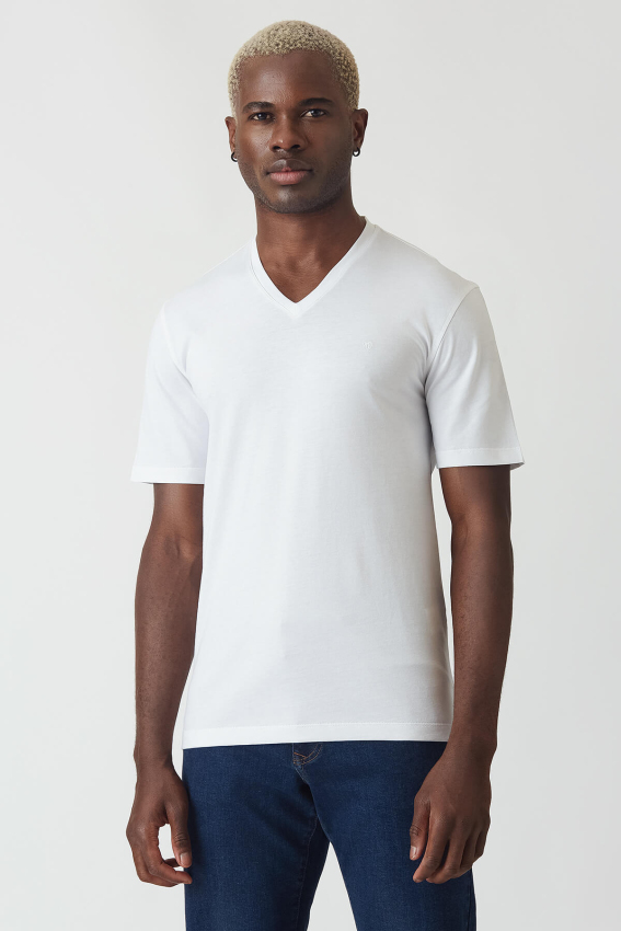 Basic İpek Apreli V Yaka Beyaz Erkek T-Shirt - 4