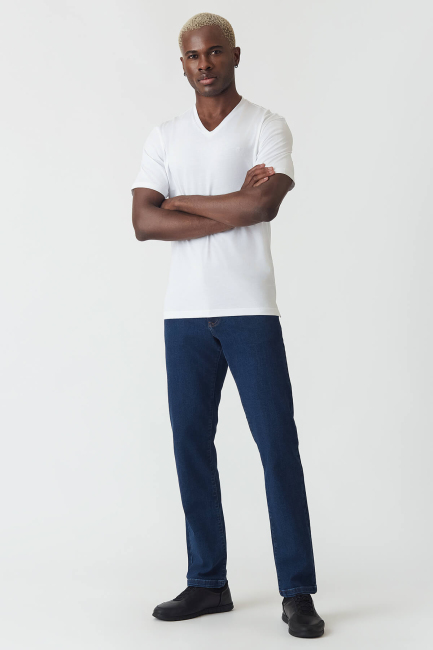 Basic İpek Apreli V Yaka Beyaz Erkek T-Shirt - 5