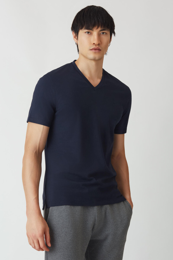 Basic İpek Apreli V Yaka Lacivert Erkek T-Shirt - 1