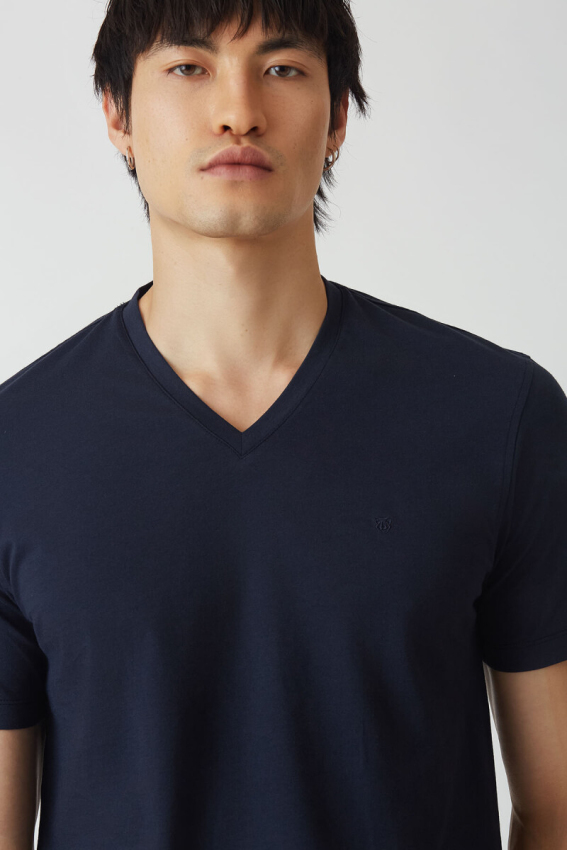 Basic İpek Apreli V Yaka Lacivert Erkek T-Shirt - 3