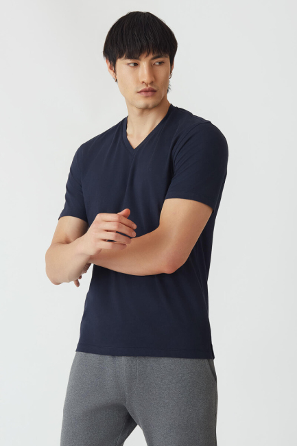 Basic İpek Apreli V Yaka Lacivert Erkek T-Shirt - 4