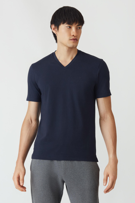 Basic İpek Apreli V Yaka Lacivert Erkek T-Shirt - 5