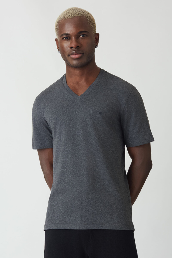 Basic İpek Apreli V Yaka Antrasit Erkek T-Shirt - 4