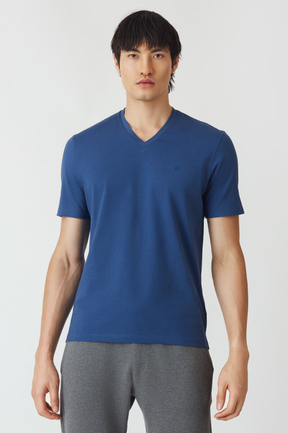 Basic İpek Apreli V Yaka İndigo Erkek T-Shirt - 1