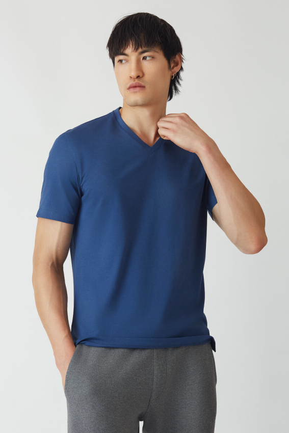 Basic İpek Apreli V Yaka İndigo Erkek T-Shirt - 4