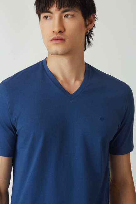 Basic İpek Apreli V Yaka İndigo Erkek T-Shirt - 3