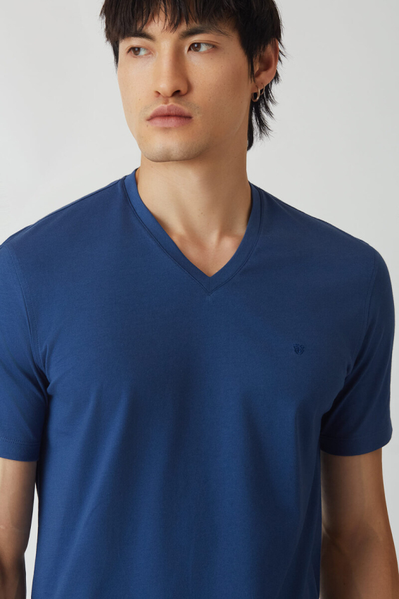 Basic İpek Apreli V Yaka İndigo Erkek T-Shirt - 3