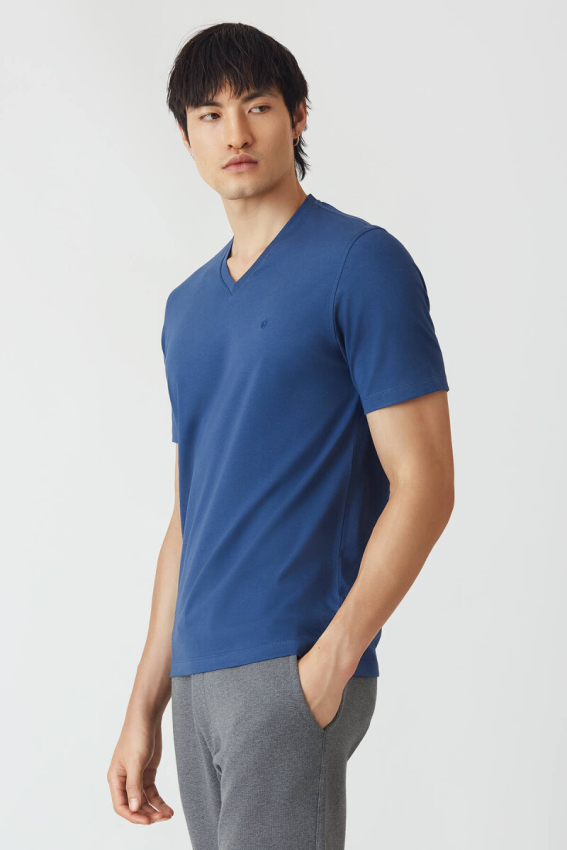 Basic İpek Apreli V Yaka İndigo Erkek T-Shirt - 5