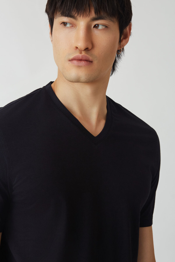 Basic İpek Apreli V Yaka Siyah Erkek T-Shirt - 3