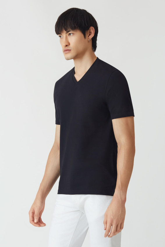 Basic İpek Apreli V Yaka Siyah Erkek T-Shirt - 4