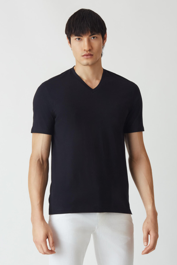 Basic İpek Apreli V Yaka Siyah Erkek T-Shirt - 5