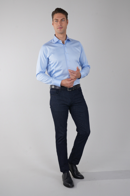 Mavi Uzun Kol Klasik Yaka Cepsiz Erkek Gömlek   - 5