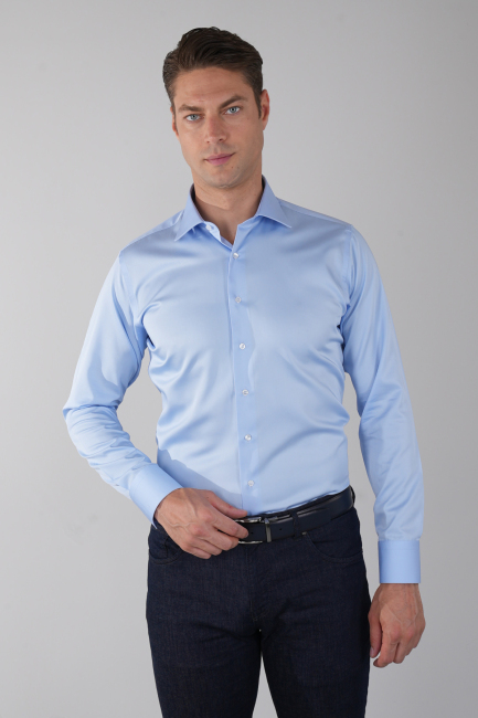 Mavi Uzun Kol Klasik Yaka Cepsiz Erkek Gömlek   