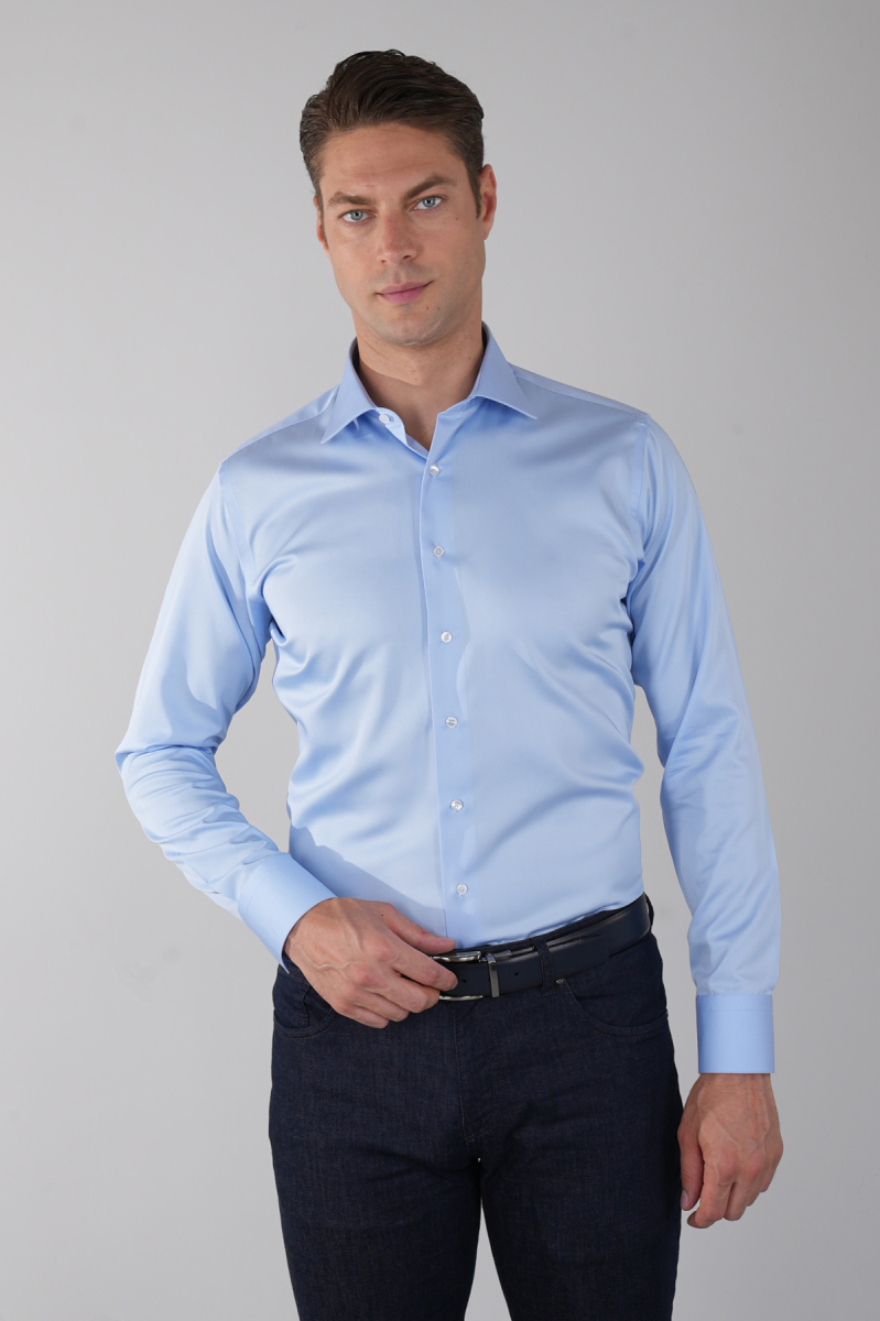 Mavi Uzun Kol Klasik Yaka Cepsiz Erkek Gömlek  