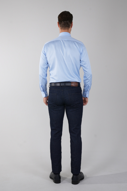 Mavi Uzun Kol Klasik Yaka Cepsiz Erkek Gömlek   - 2