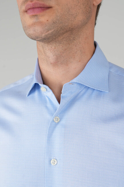 Uzun Kol Açık Mavi İtalyan Yaka Erkek Pamuk Gömlek - 3