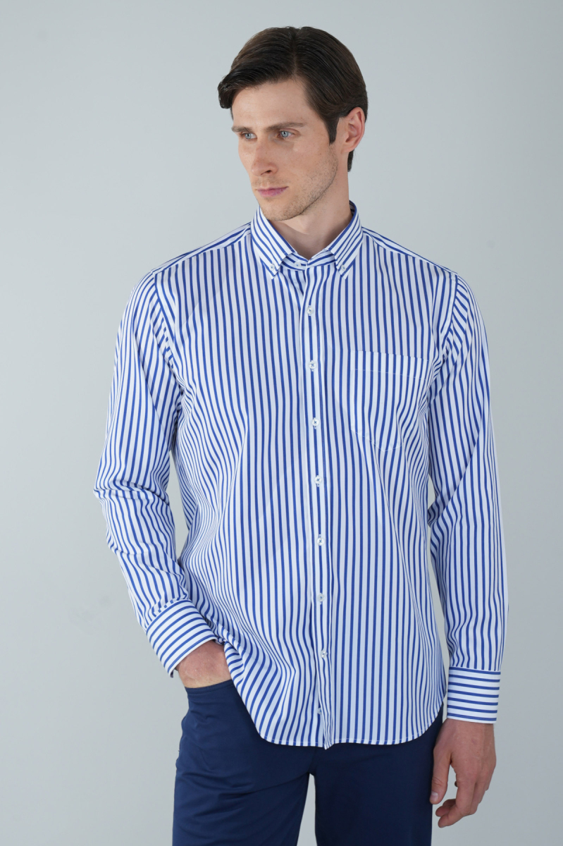 Uzun Kol Cepli Lacivert Pamuk Erkek Gömlek