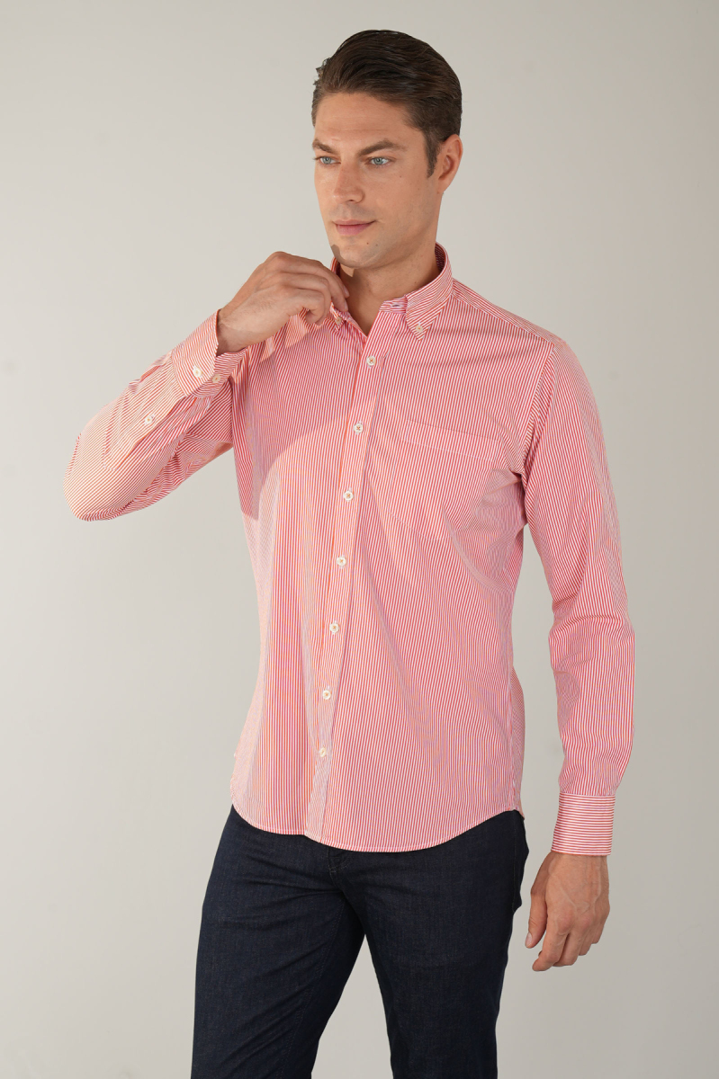 Uzun Kol Cepsiz Turuncu Pamuk Erkek Gömlek - 5