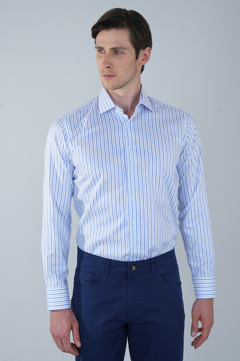 Uzun Kol İtalyan Yaka Cepsiz Mavi Pamuk Erkek Gömlek