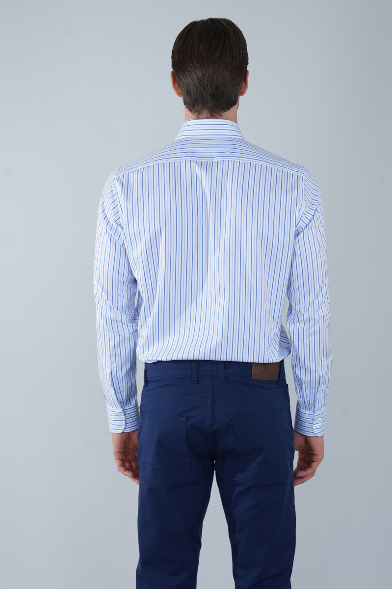 Uzun Kol İtalyan Yaka Cepsiz Mavi Pamuk Erkek Gömlek (1)