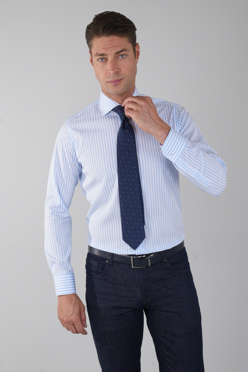 Uzun Kol İtalyan Yaka Cepsiz Mavi Pamuk Erkek Gömlek