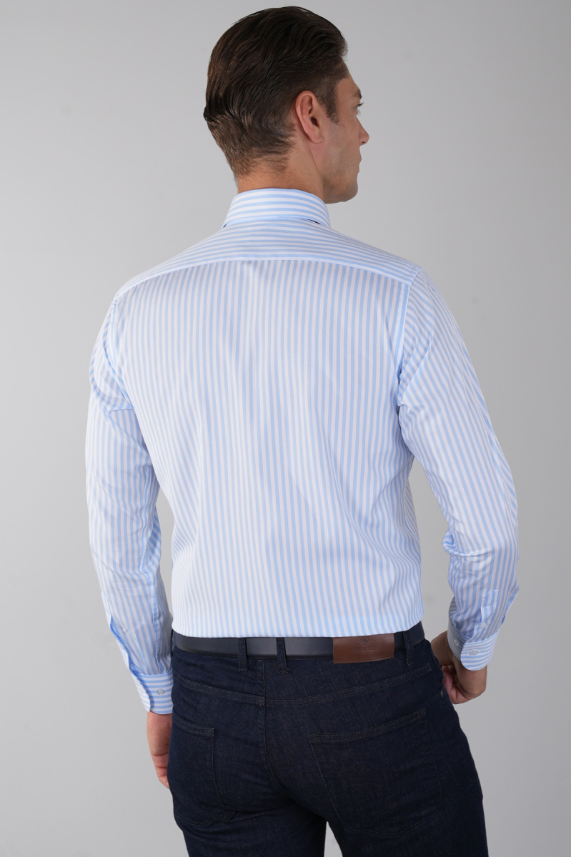 Uzun Kol İtalyan Yaka Cepsiz Mavi Pamuk Erkek Gömlek (1)