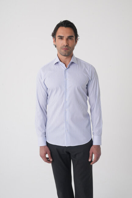 Erkek Regular Fit Uzun Kol İtalyan Yaka Pamuk Mavi Gömlek 