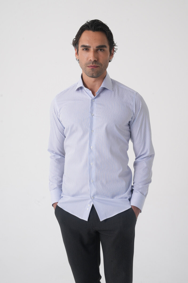 Erkek Regular Fit Uzun Kol İtalyan Yaka Pamuk Mavi Gömlek (1)