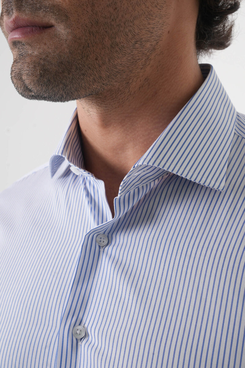 Erkek Regular Fit Uzun Kol İtalyan Yaka Pamuk Mavi Gömlek - 5