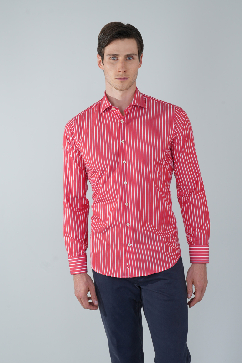 Uzun Kol İtalyan Yaka Cepsiz Kırmızı Pamuk Erkek Gömlek