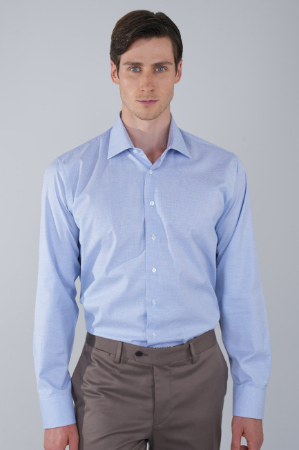 Mavi Uzun Kol İtalyan Yaka Cepsiz Erkek Gömlek   - 4