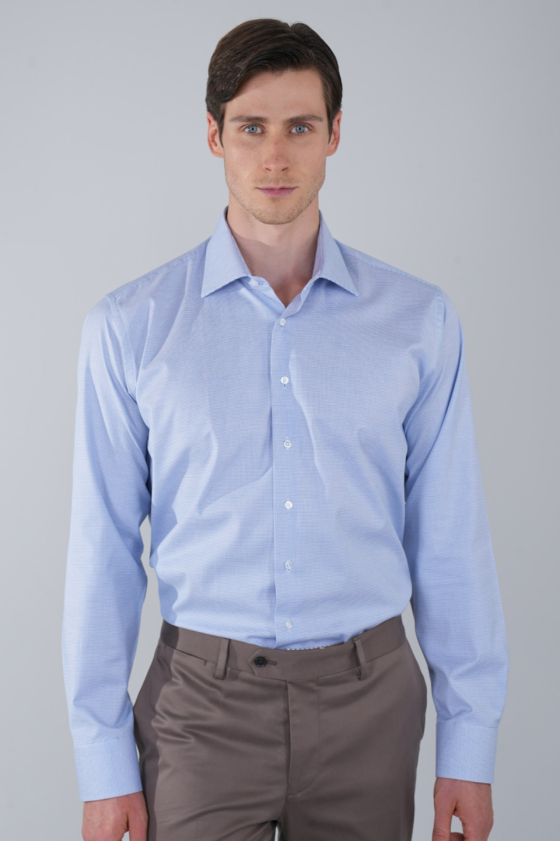 Mavi Uzun Kol İtalyan Yaka Cepsiz Erkek Gömlek   - 4