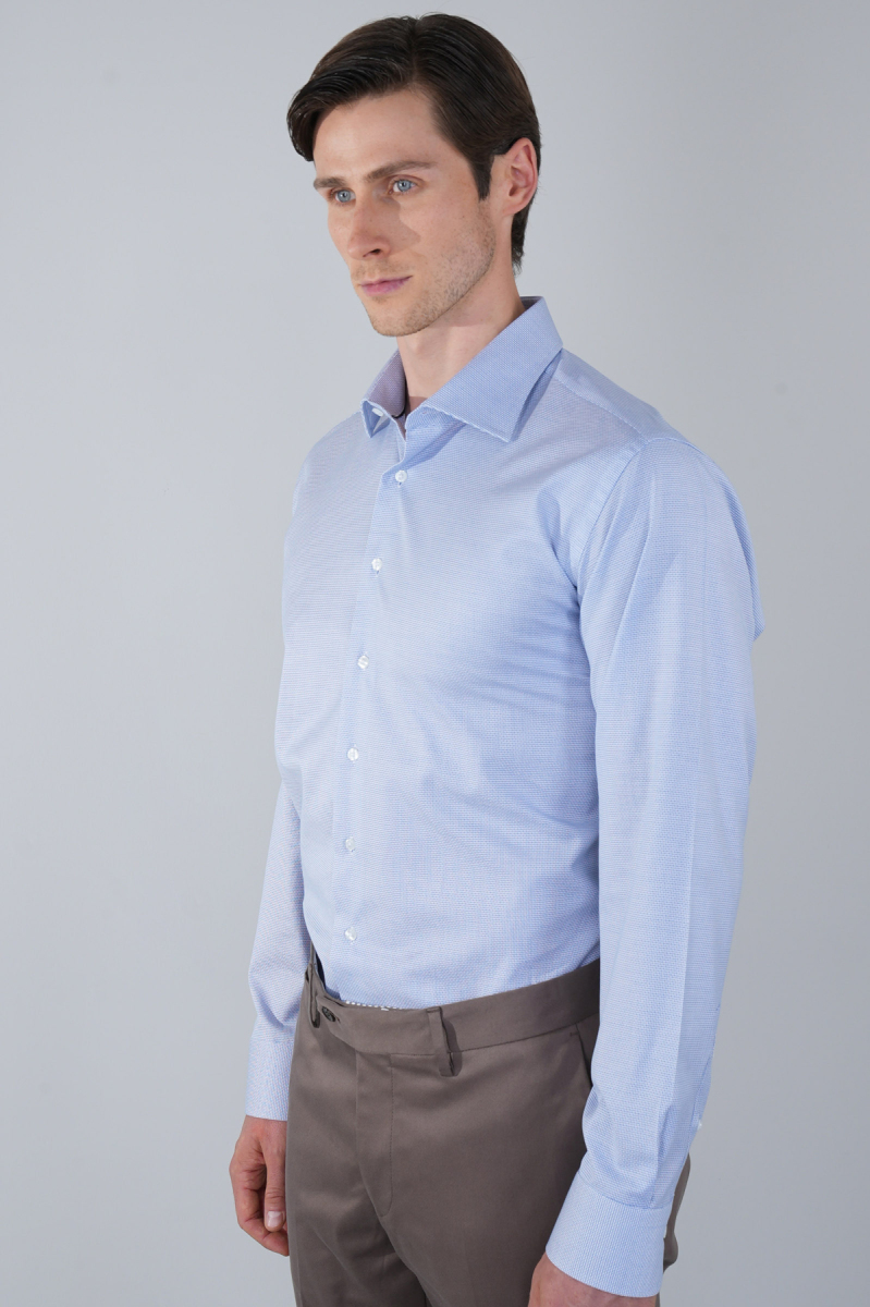 Mavi Uzun Kol İtalyan Yaka Cepsiz Erkek Gömlek  