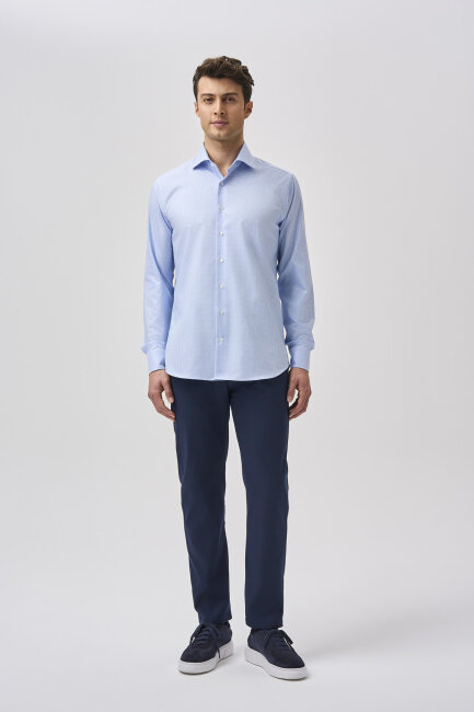 Bisse Studio Uzun Kollu Regular Fit İtalyan Yaka Cepsiz Erkek Gömlek Mavi