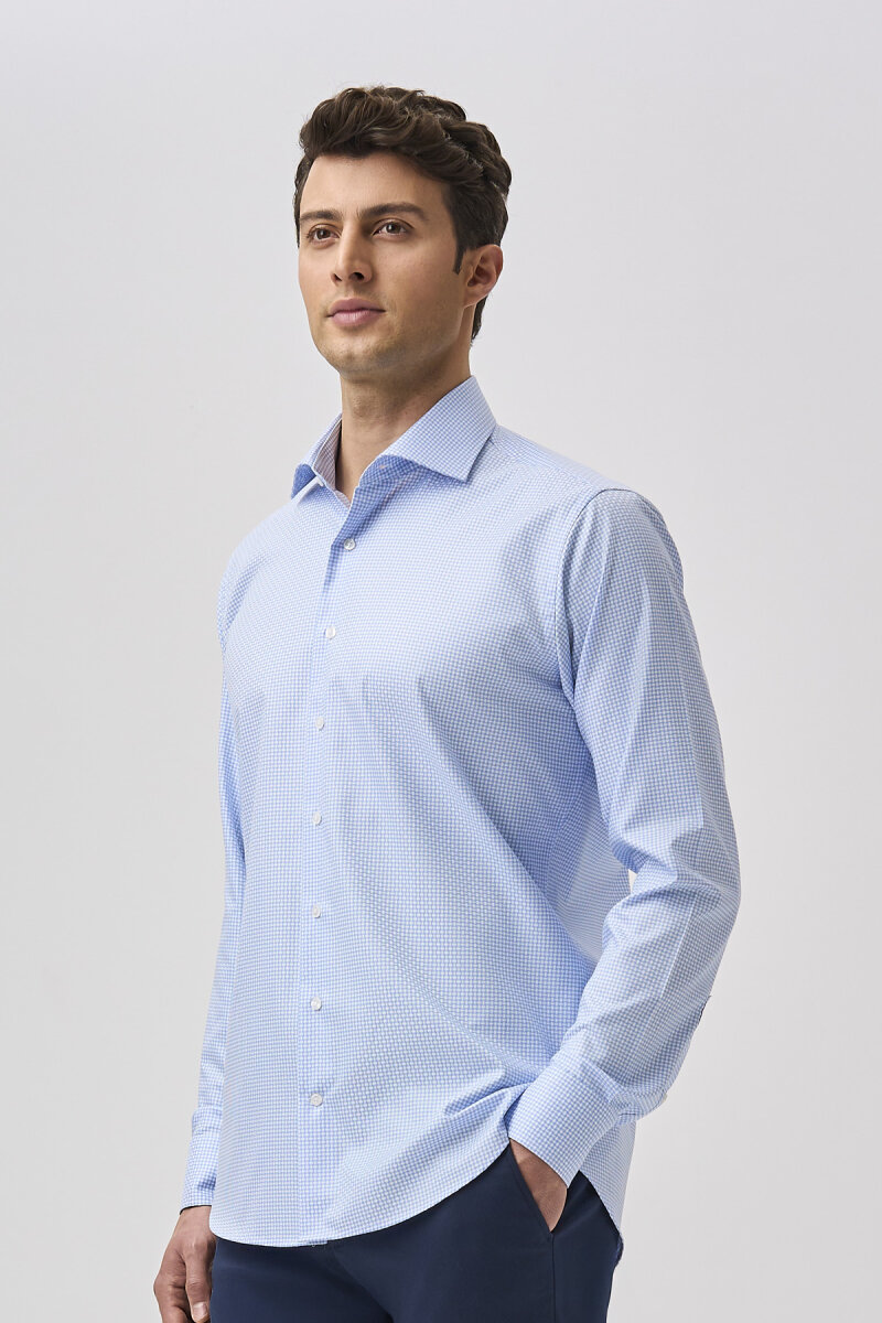 Bisse Studio Uzun Kollu Regular Fit İtalyan Yaka Cepsiz Erkek Gömlek Mavi - 4