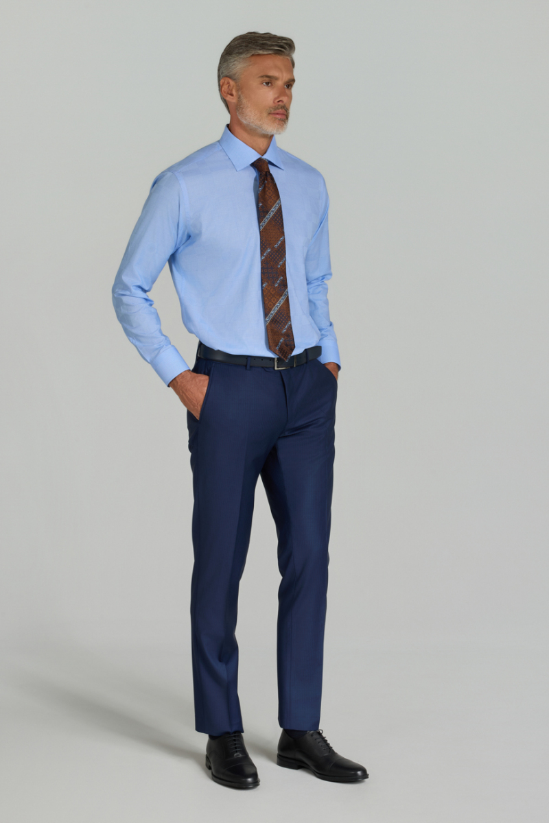 Regular Fit İtalyan Yaka Cepsiz Mavi Erkek Gömlek - 3