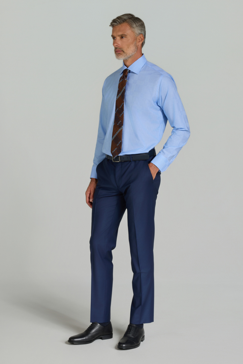 Regular Fit İtalyan Yaka Cepsiz Mavi Erkek Gömlek - 4