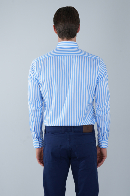 Uzun Kol İtalyan Yaka Cepsiz Mavi Pamuk Erkek Gömlek (1)