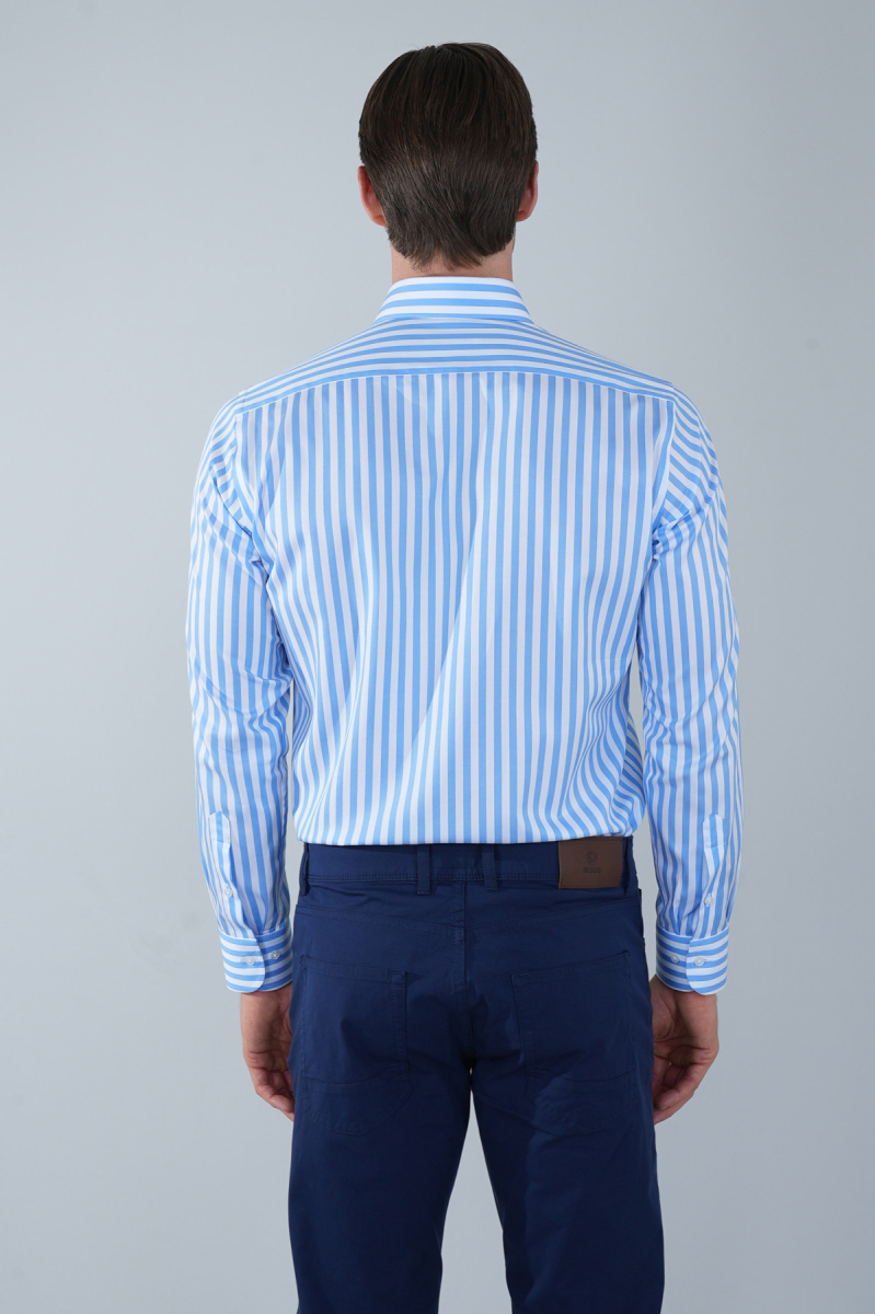 Uzun Kol İtalyan Yaka Cepsiz Mavi Pamuk Erkek Gömlek (1)