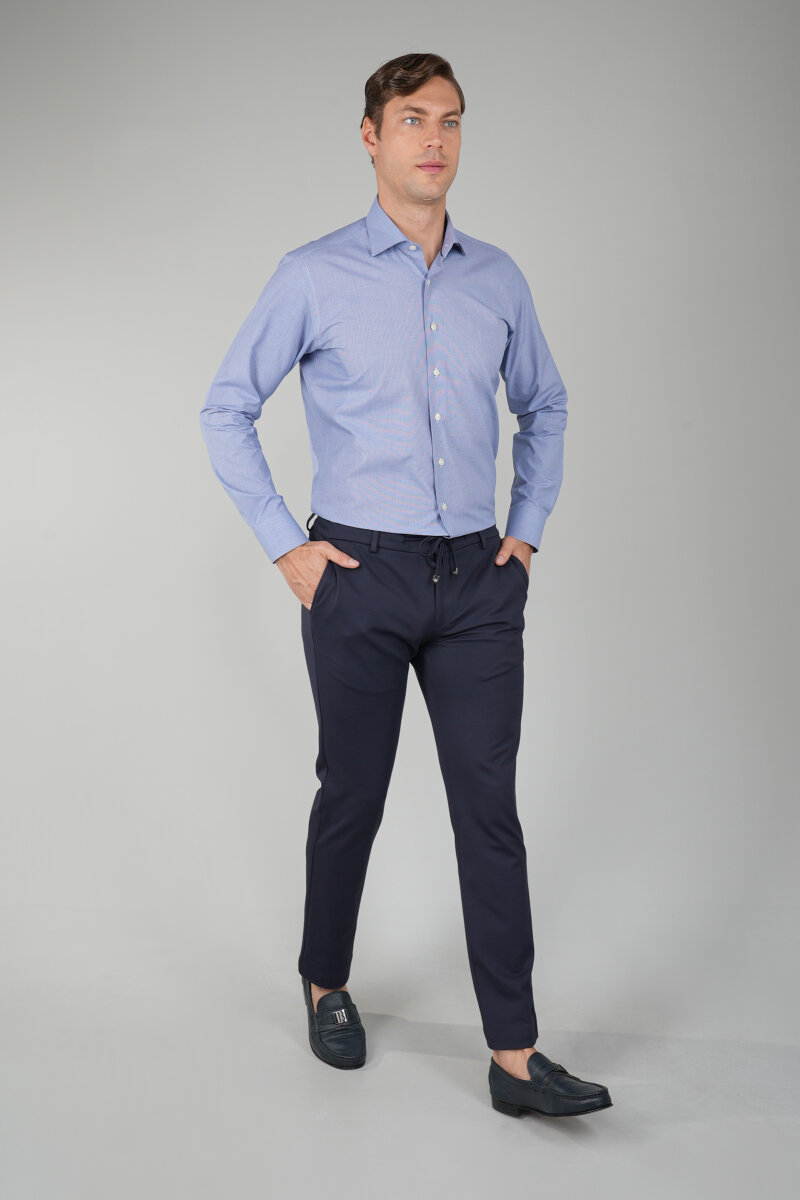 Uzun Kol İtalyan Yaka Lacivert Erkek Klasik Gömlek - 5