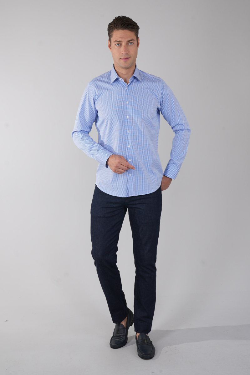 Uzun Kol Klasik A Yaka Cepsiz Mavi Pamuk Erkek Gömlek - 5