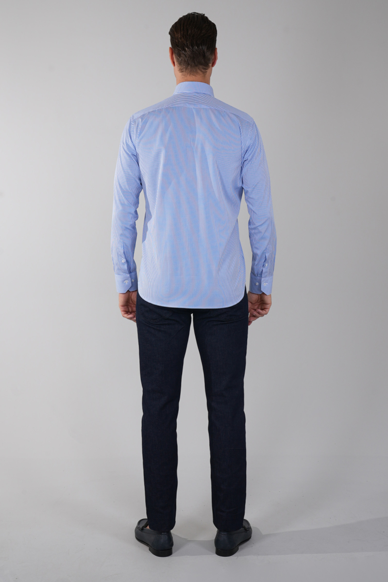 Uzun Kol Klasik A Yaka Cepsiz Mavi Pamuk Erkek Gömlek - 2