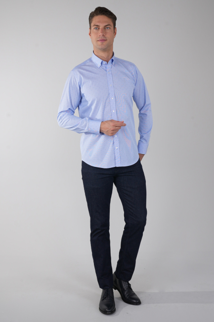 Uzun Kol Klasik İtalyan Yaka Cepsiz Mavi Pamuk Erkek Gömlek - 5