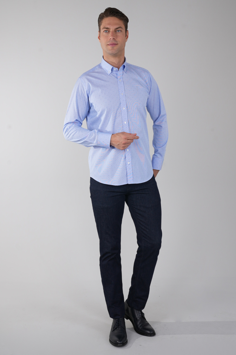 Uzun Kol Klasik İtalyan Yaka Cepsiz Mavi Pamuk Erkek Gömlek - 5