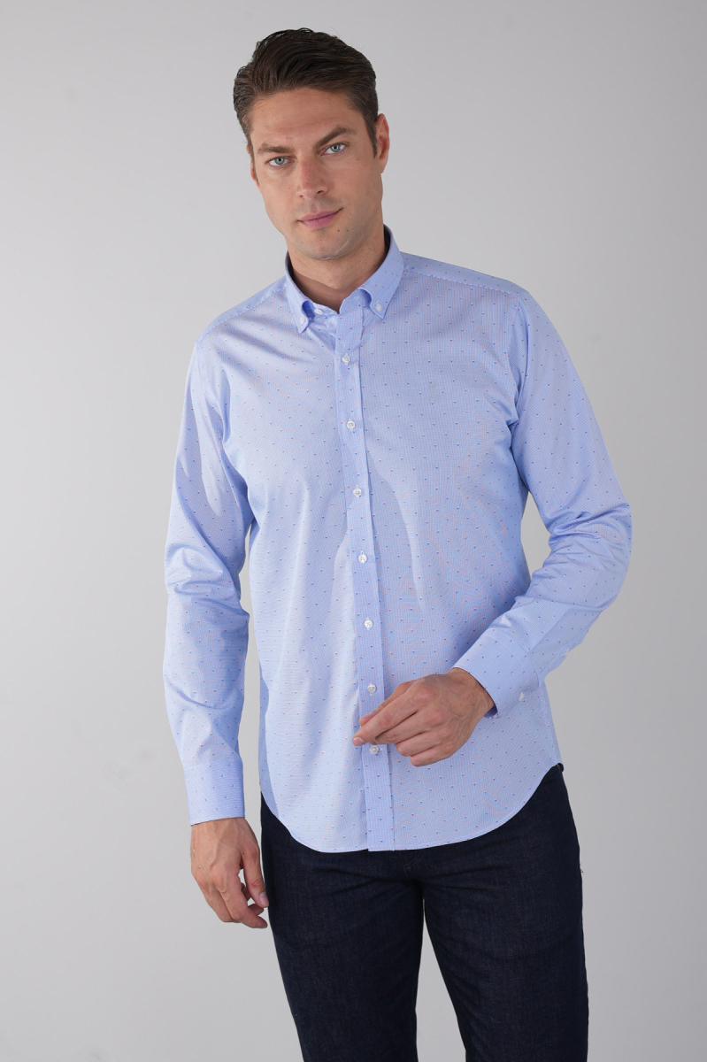 Uzun Kol Klasik İtalyan Yaka Cepsiz Mavi Pamuk Erkek Gömlek