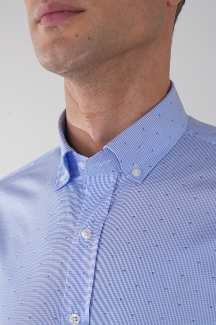 Uzun Kol Klasik İtalyan Yaka Cepsiz Mavi Pamuk Erkek Gömlek - 3