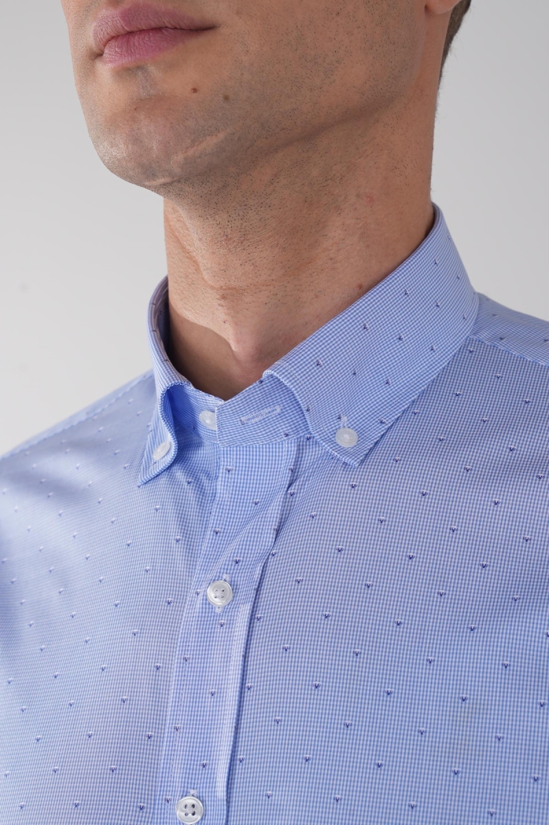 Uzun Kol Klasik İtalyan Yaka Cepsiz Mavi Pamuk Erkek Gömlek - 3