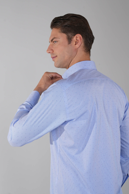 Uzun Kol Klasik İtalyan Yaka Cepsiz Mavi Pamuk Erkek Gömlek - 2