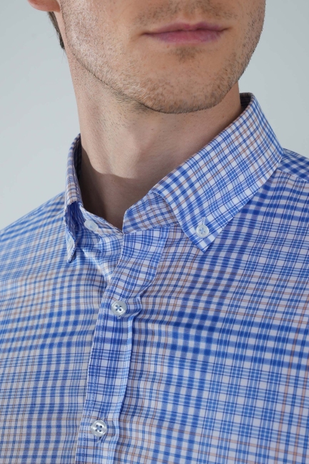 Regular Fit Uzun Kollu Mavi Pamuk Erkek Gömlek - 3