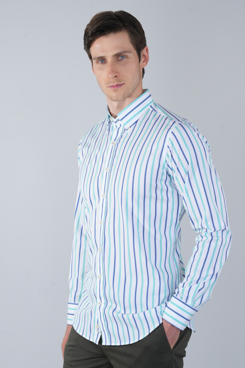 Uzun Kol Cepsiz Yeşil Pamuk Erkek Gömlek - 5